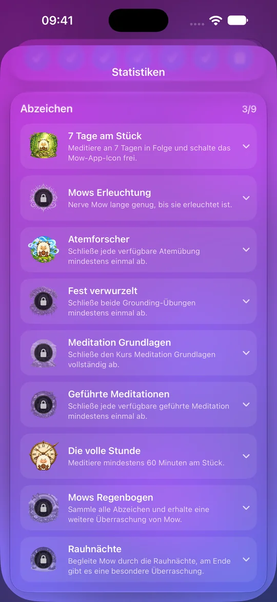 Abzeichen in Mowditate: drei von neun freigeschaltet