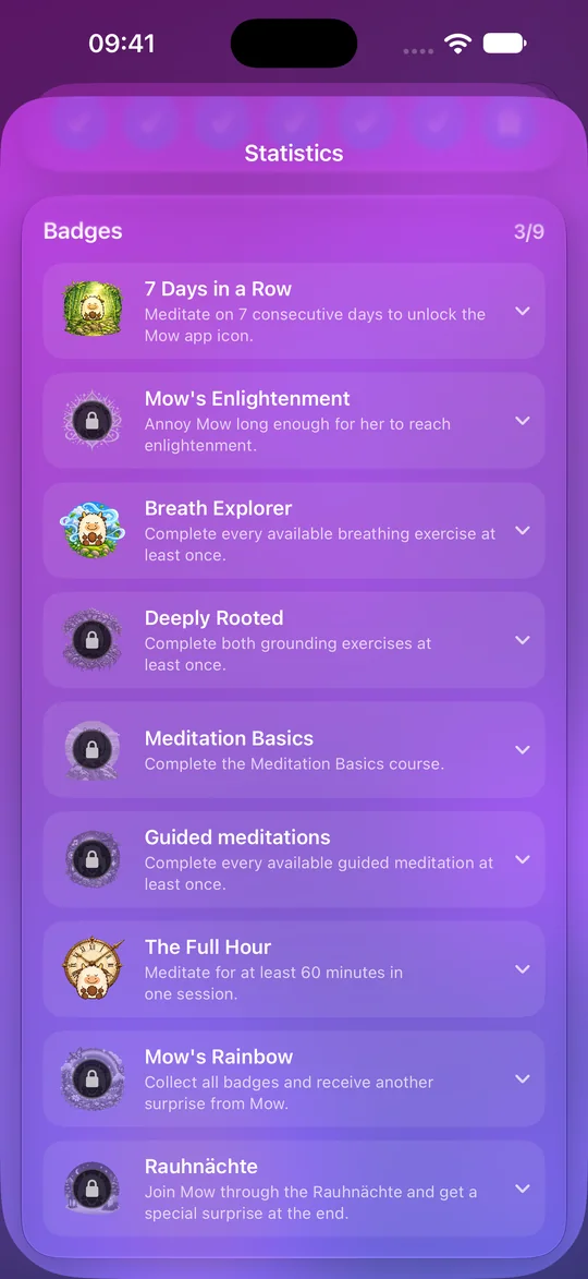 Mowditate badges: three of nine unlocked