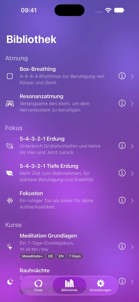Mowditate Bibliothek mit Atemübungen, Grounding und Kursen