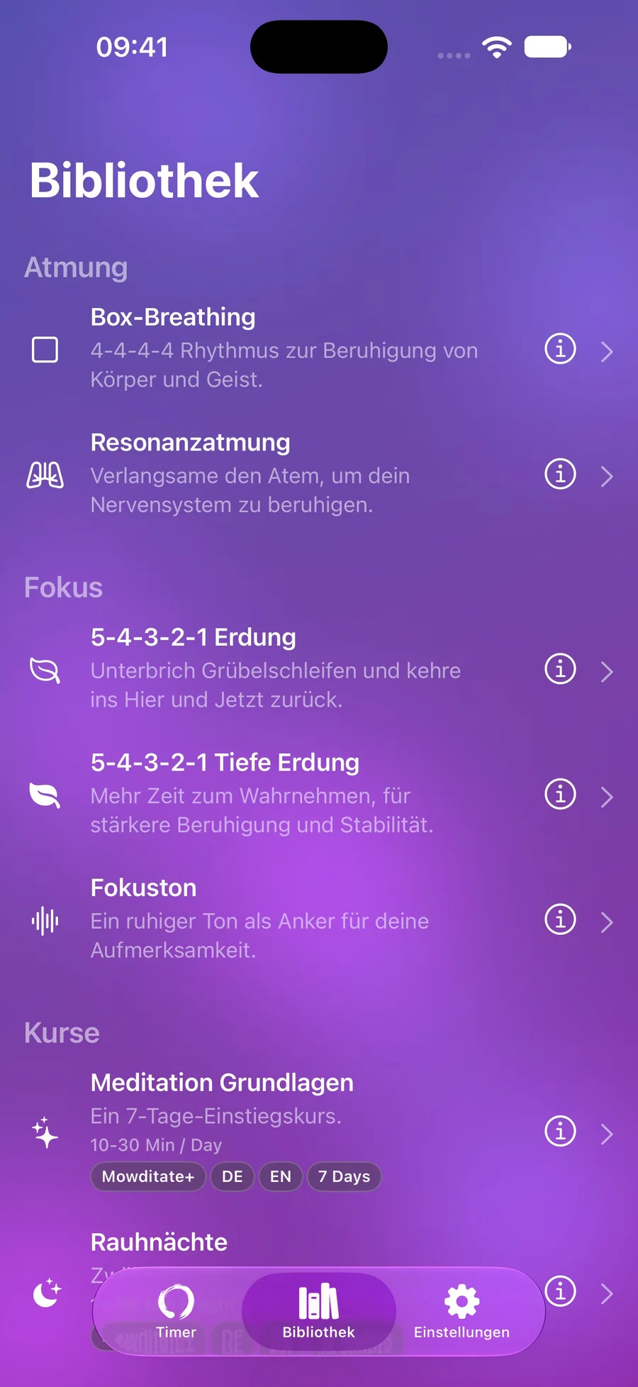Mowditate Bibliothek mit Atemübungen, Grounding und Kursen