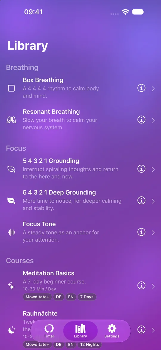 Mowditate library with breathing exercises, grounding and courses