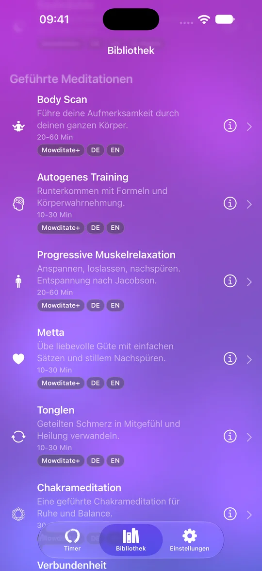 Mowditate+ Bibliothek mit geführten Meditationen und Entspannungsübungen
