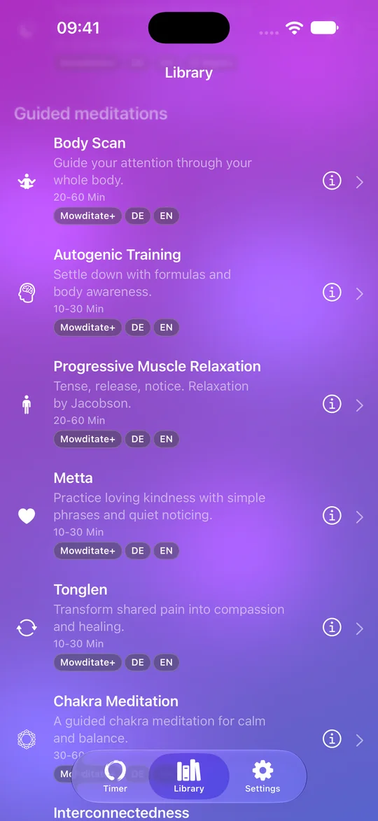 Mowditate+ library with guided meditations and relaxation exercises