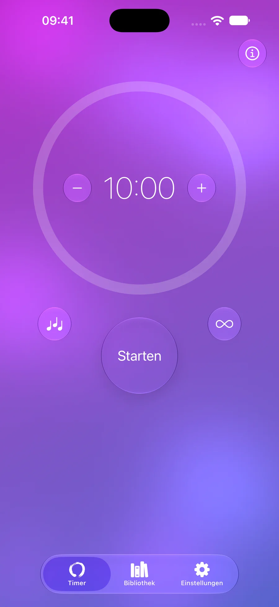 Mowditate Meditationstimer mit zehn Minuten und Startknopf