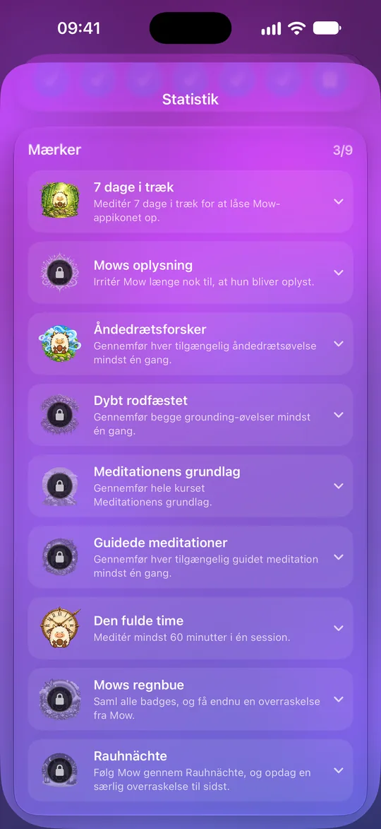 Mowditates badges: tre af ni låst op