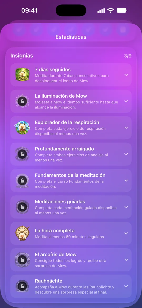Insignias de Mowditate: tres de nueve desbloqueadas