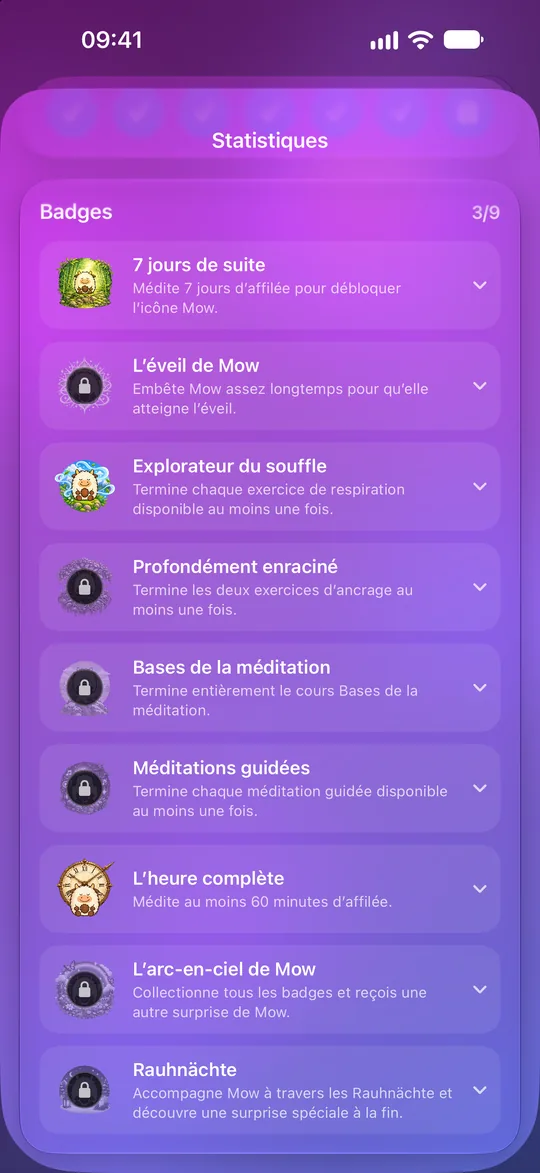 Badges Mowditate : trois sur neuf débloqués