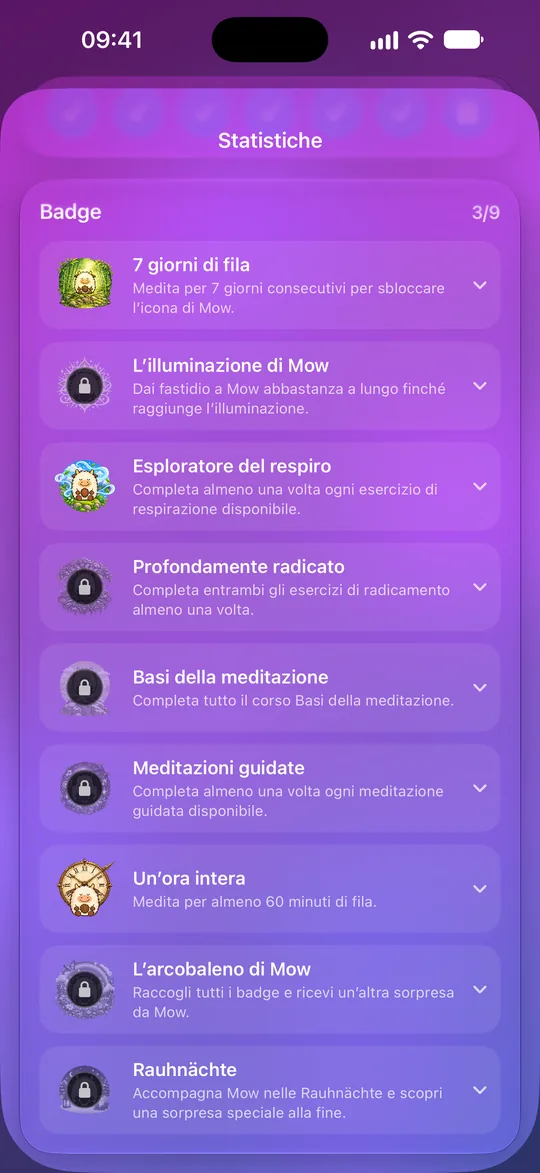 Badge Mowditate: tre su nove sbloccati