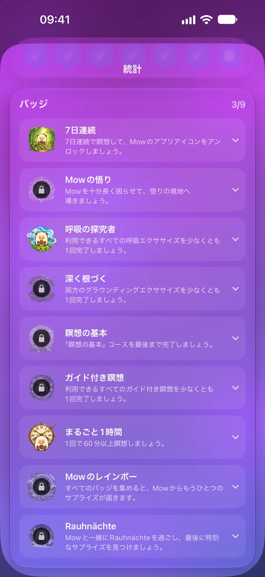Mowditateのバッジ：9個中3個を獲得
