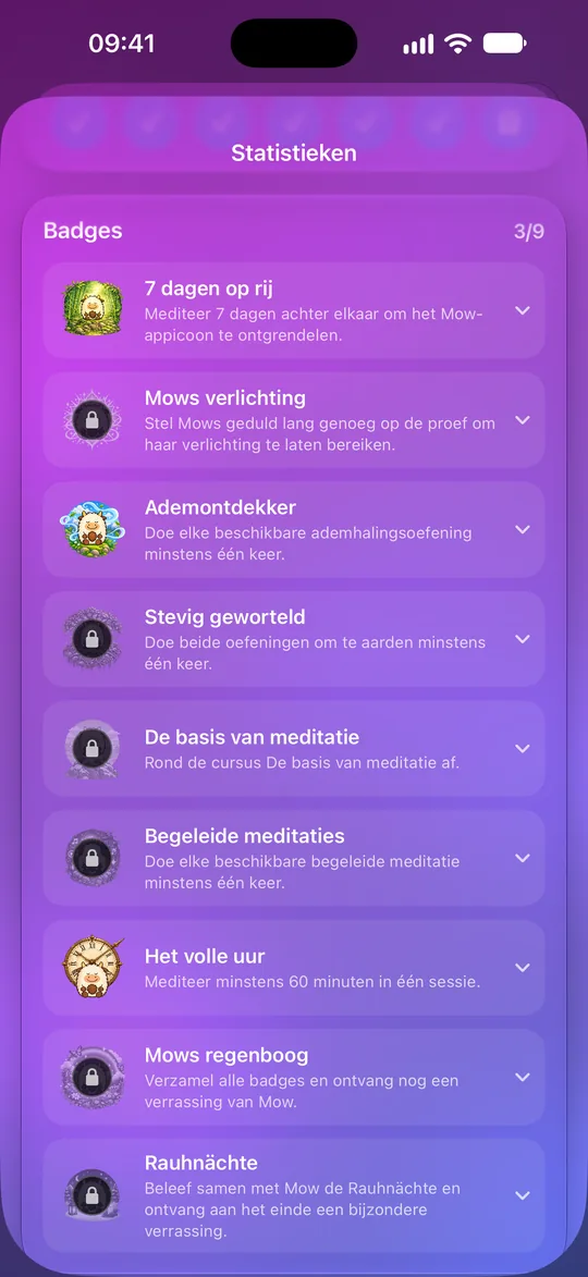 Mowditate-badges: drie van de negen ontgrendeld