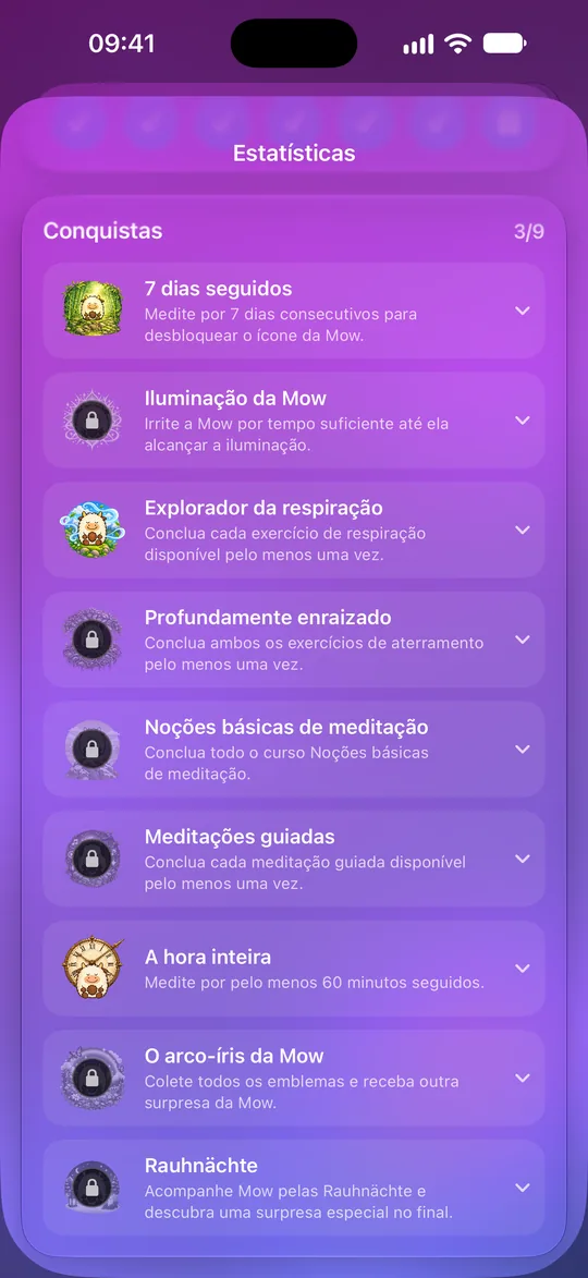 Medalhas do Mowditate: três de nove desbloqueadas