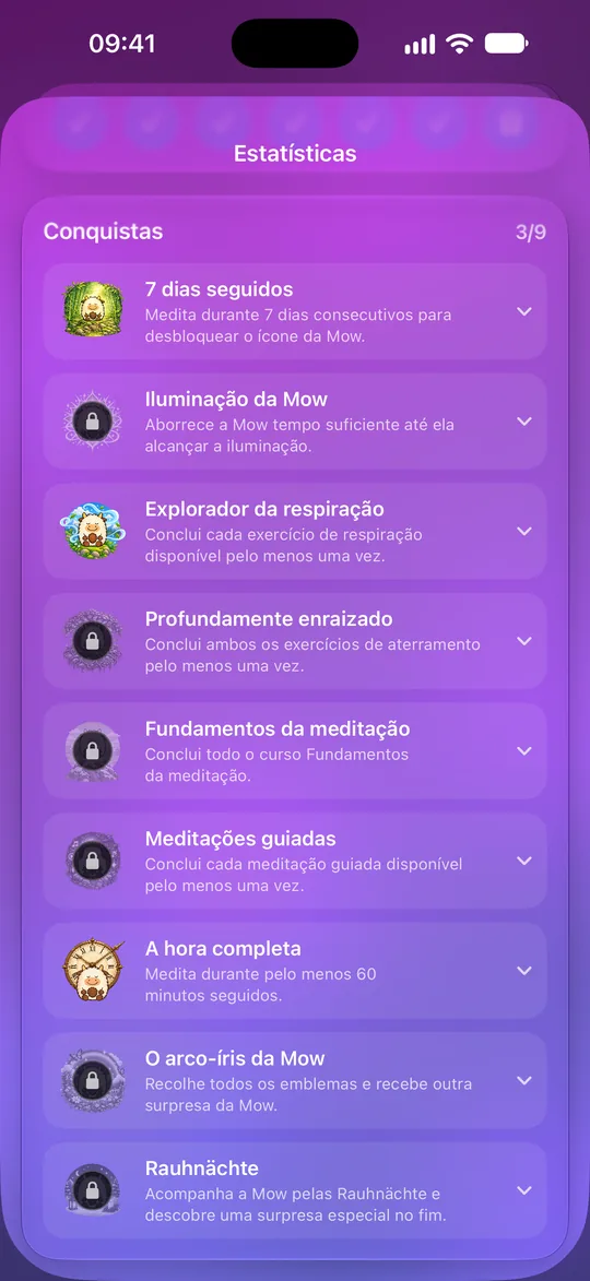 Emblemas de Mowditate: três de nove desbloqueados