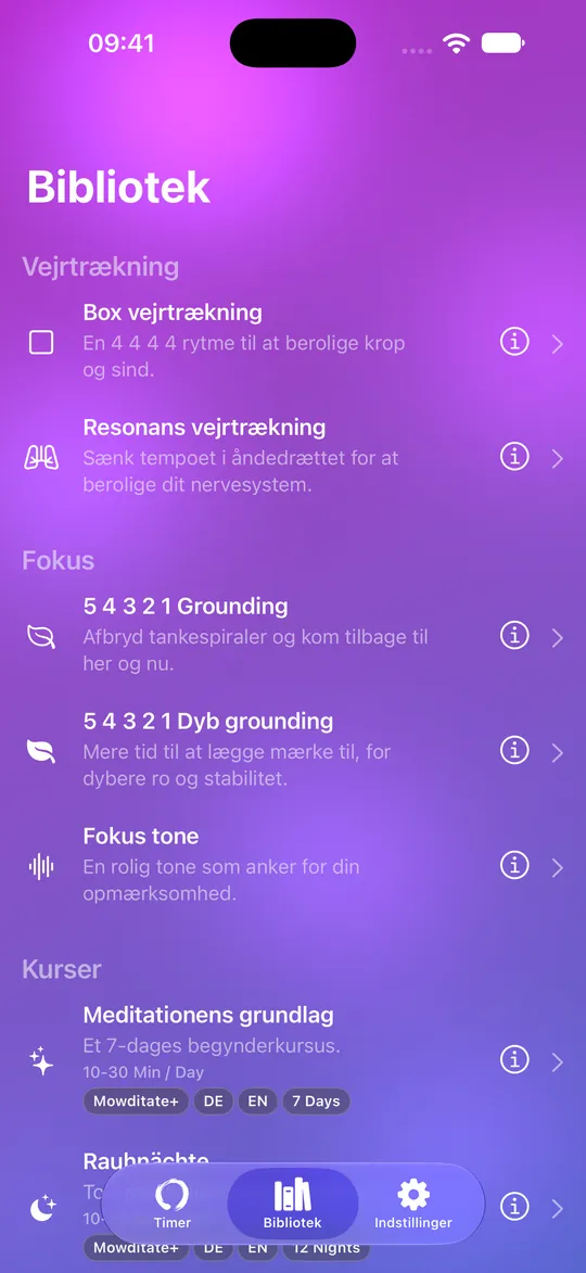 Mowditates bibliotek med åndedrætsøvelser, grounding og kurser