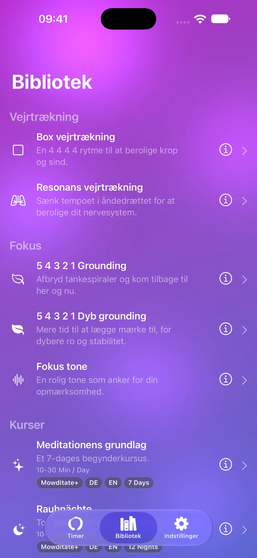Mowditates bibliotek med åndedrætsøvelser, grounding og kurser