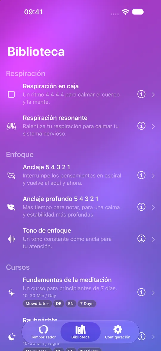 Biblioteca de Mowditate con ejercicios de respiración, anclaje y cursos