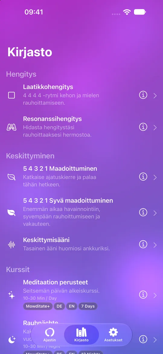 Mowditaten kirjasto, jossa on hengitysharjoituksia, maadoittumista ja kursseja