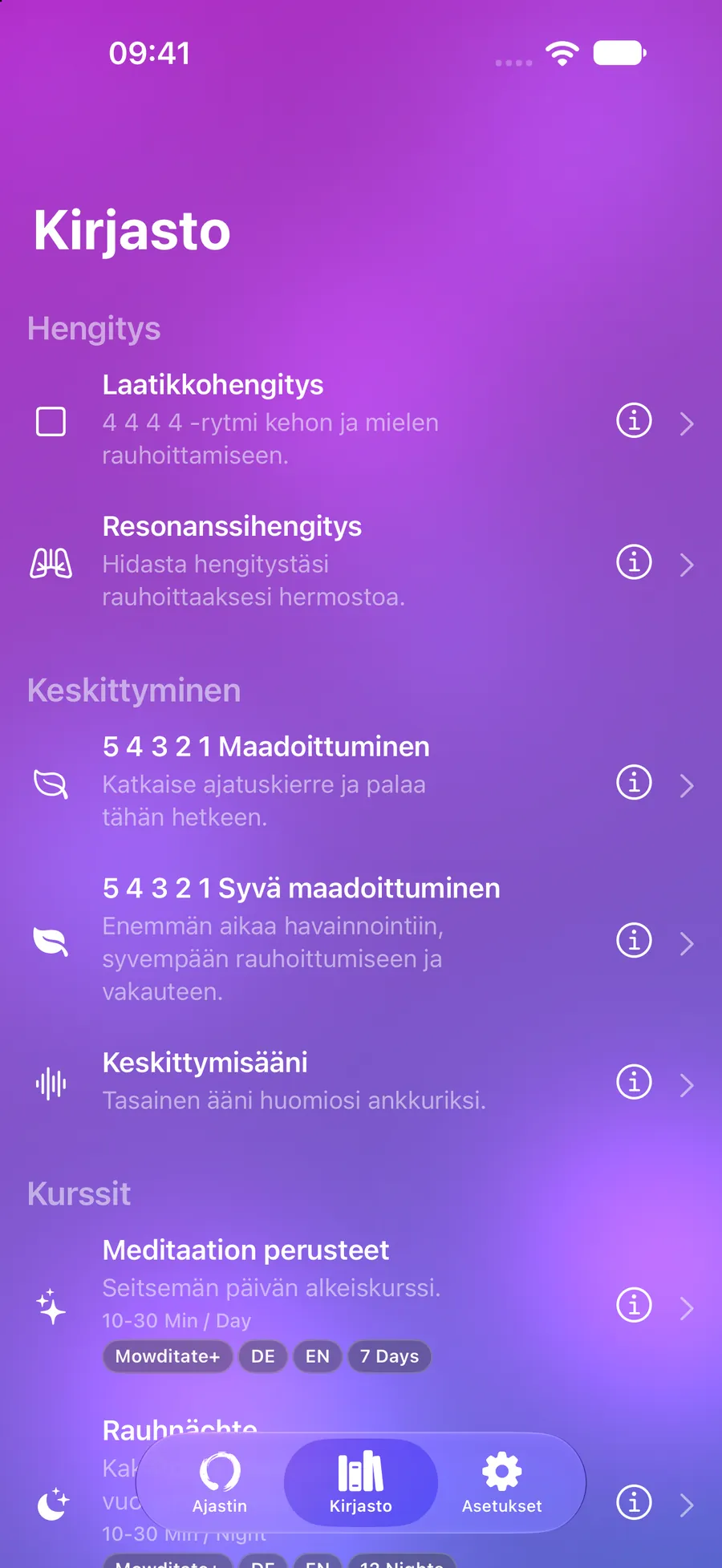 Mowditaten kirjasto, jossa on hengitysharjoituksia, maadoittumista ja kursseja