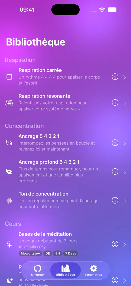 Bibliothèque Mowditate avec exercices de respiration, ancrage et cours