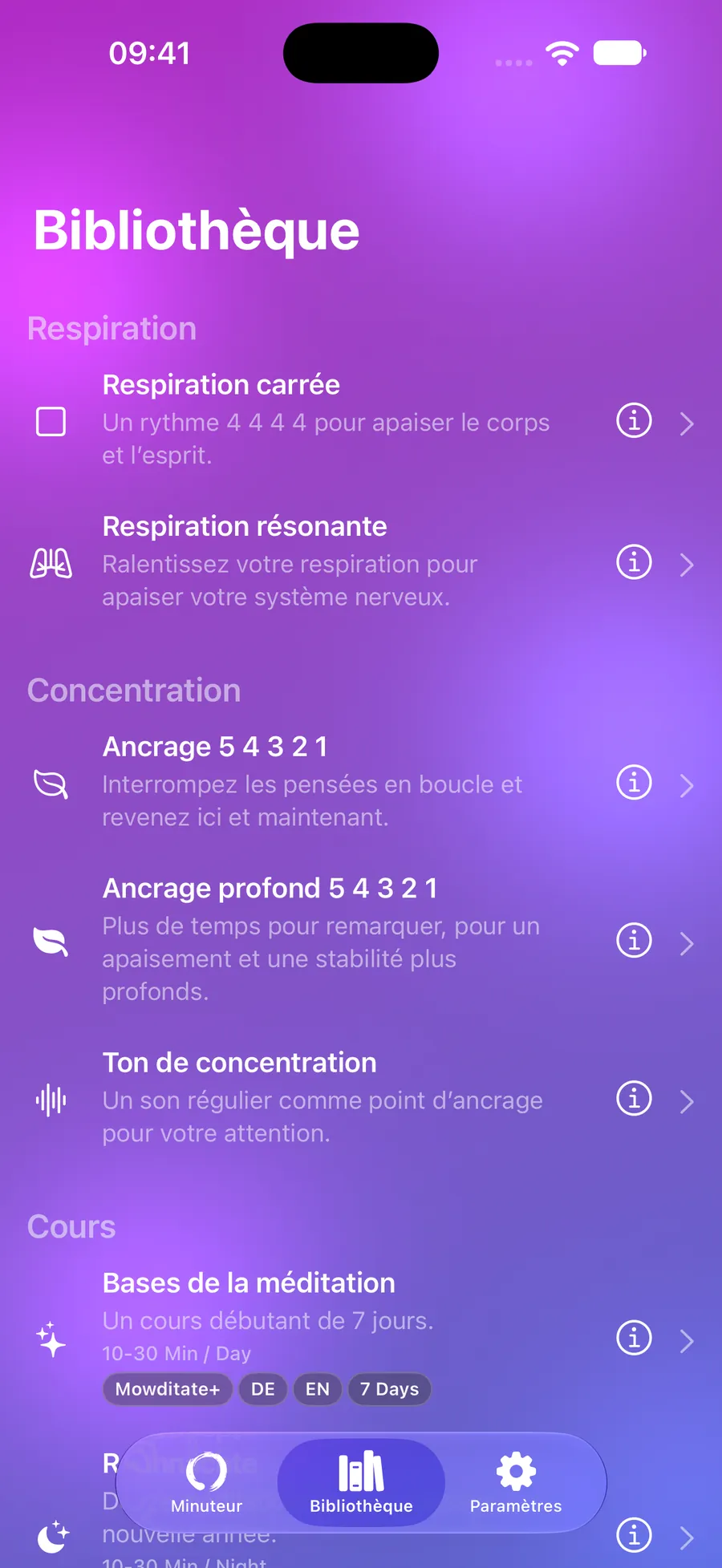 Bibliothèque Mowditate avec exercices de respiration, ancrage et cours