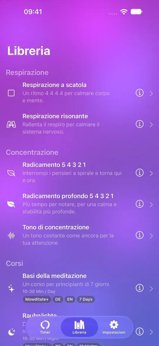Libreria Mowditate con esercizi di respirazione, radicamento e corsi