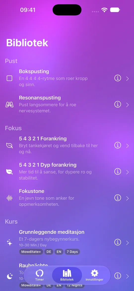 Mowditates bibliotek med pusteøvelser, forankring og kurs