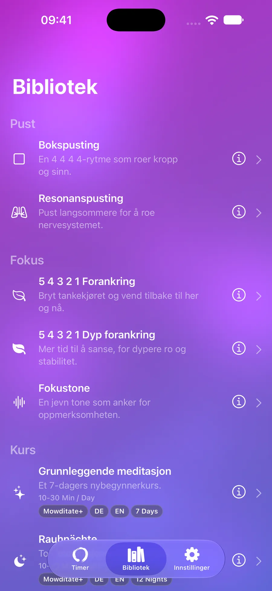 Mowditates bibliotek med pusteøvelser, forankring og kurs