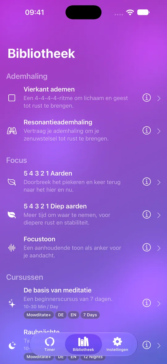 Mowditate-bibliotheek met ademhalingsoefeningen, aarden en cursussen