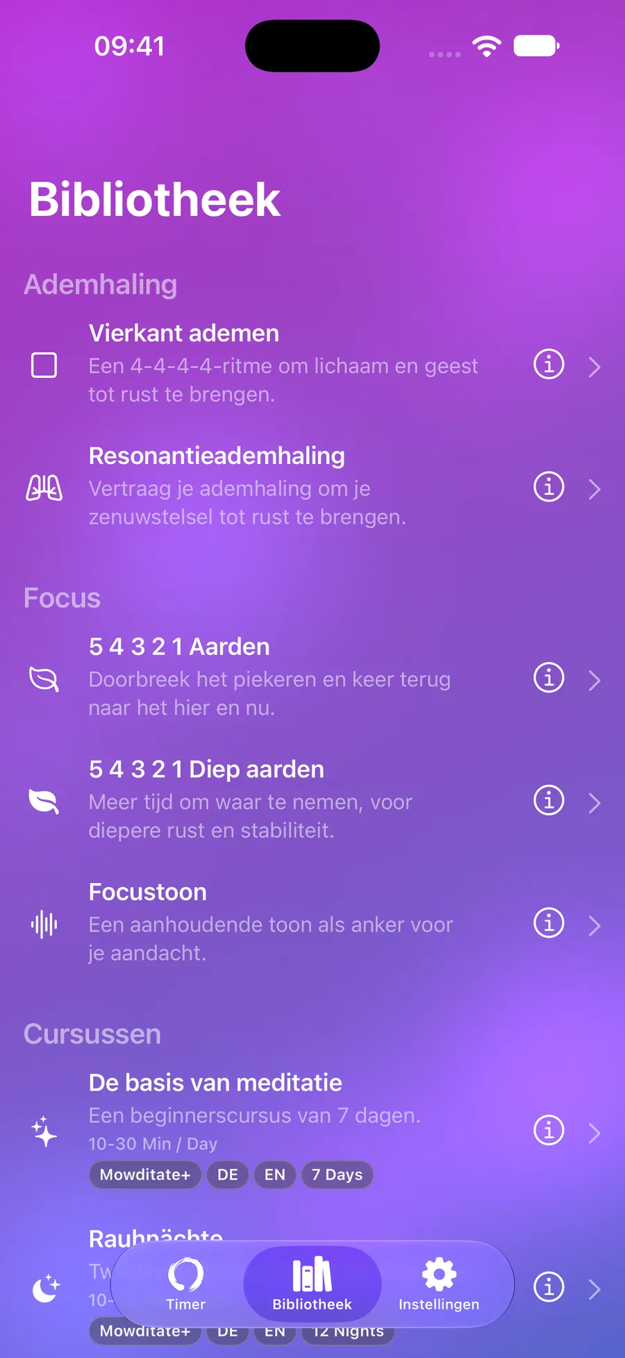 Mowditate-bibliotheek met ademhalingsoefeningen, aarden en cursussen