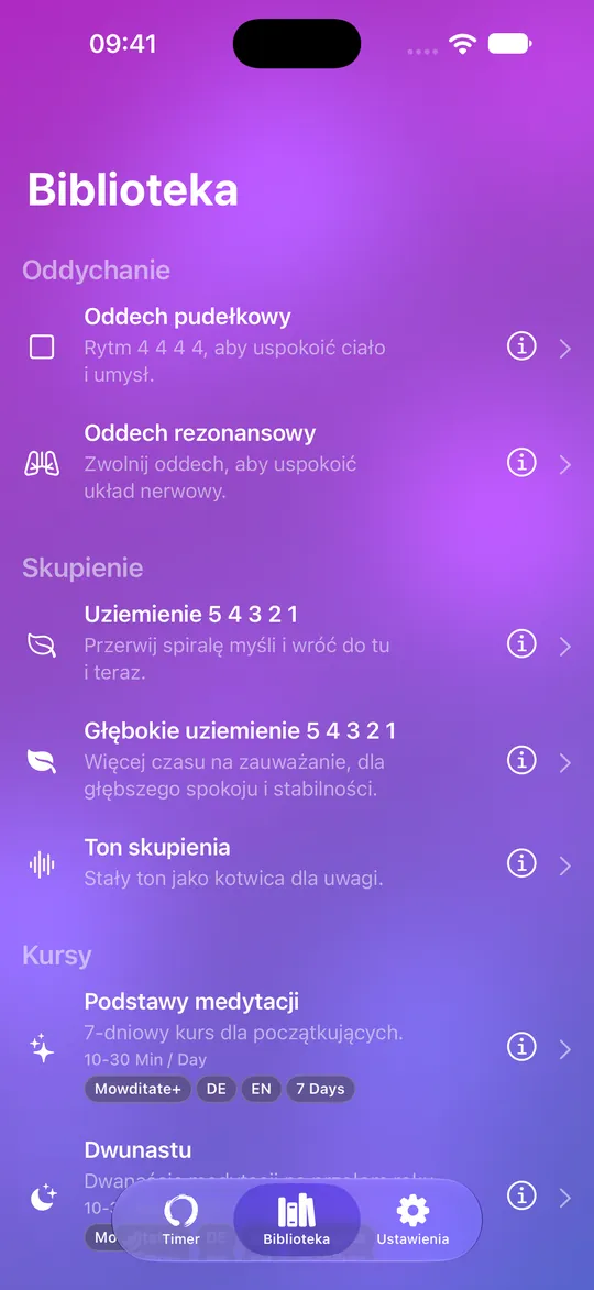 Biblioteka Mowditate z ćwiczeniami oddechowymi, uziemieniem i kursami