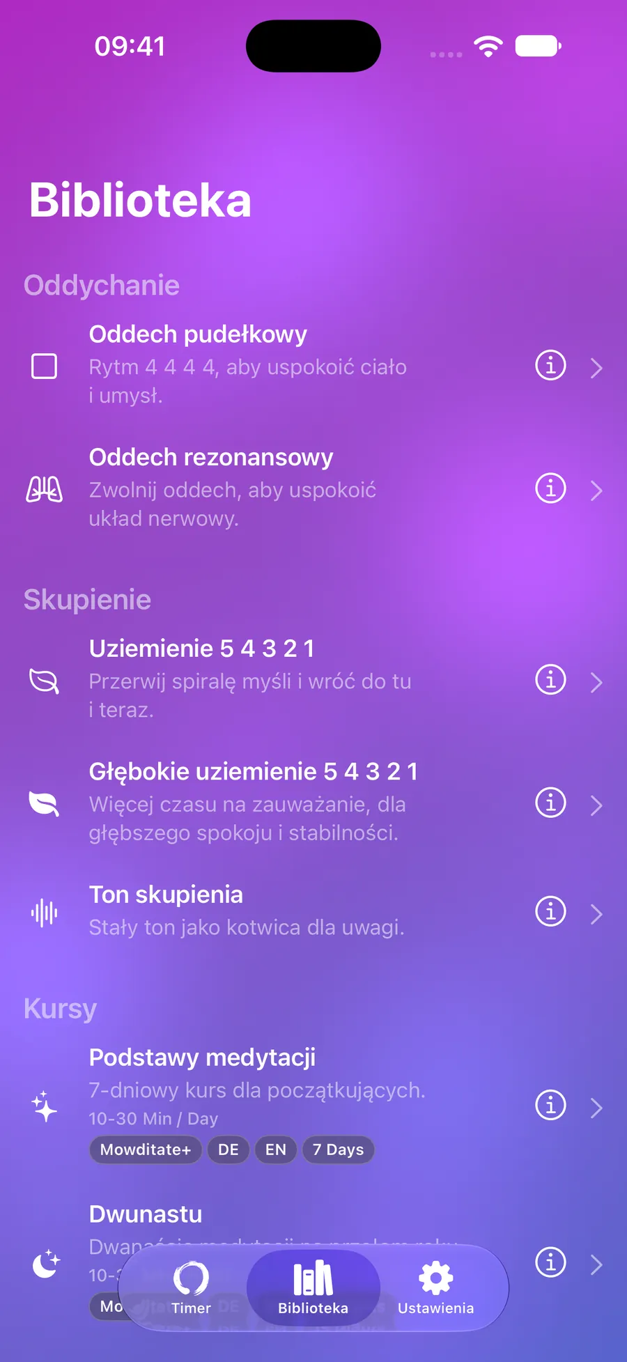 Biblioteka Mowditate z ćwiczeniami oddechowymi, uziemieniem i kursami