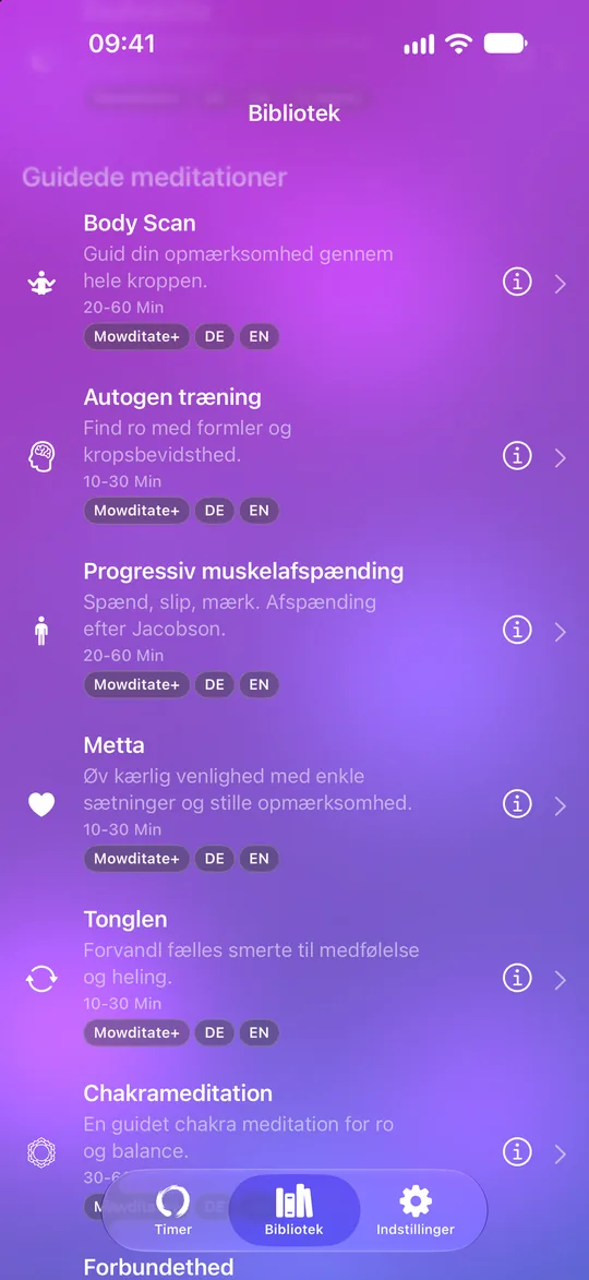 Mowditate+-biblioteket med guidede meditationer og afspændingsøvelser