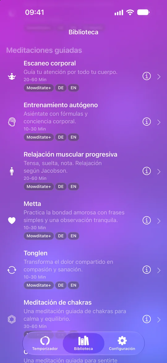 Biblioteca de Mowditate+ con meditaciones guiadas y ejercicios de relajación