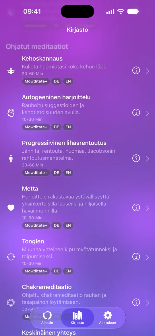 Mowditate+:n kirjasto, jossa on ohjattuja meditaatioita ja rentoutusharjoituksia