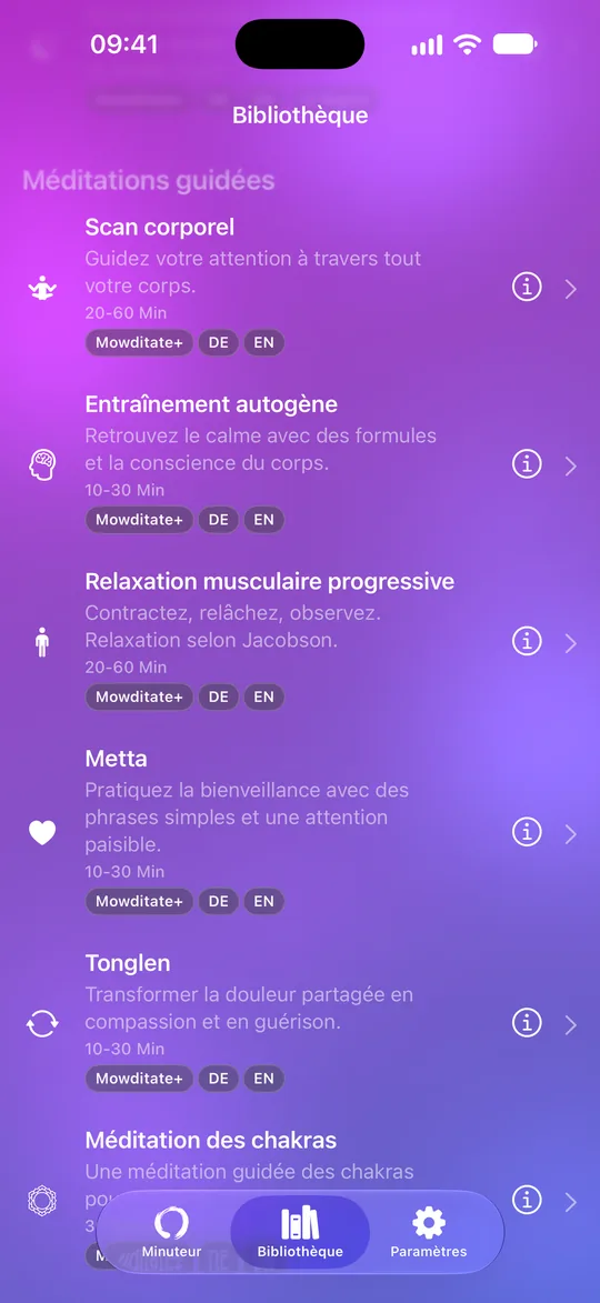 Bibliothèque Mowditate+ avec méditations guidées et exercices de relaxation