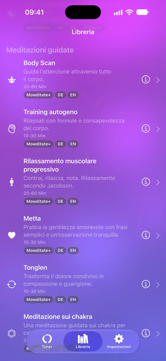 Libreria Mowditate+ con meditazioni guidate ed esercizi di rilassamento
