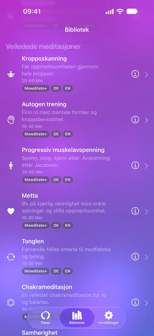 Mowditate+-biblioteket med veiledede meditasjoner og avspenningsøvelser