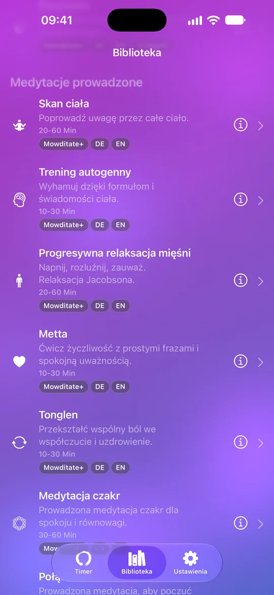 Biblioteka Mowditate+ z medytacjami prowadzonymi i ćwiczeniami relaksacyjnymi
