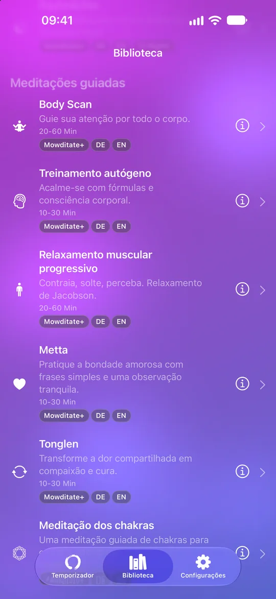 Biblioteca do Mowditate+ com meditações guiadas e exercícios de relaxamento