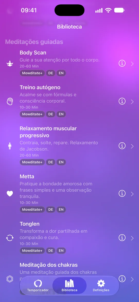 Biblioteca de Mowditate+ com meditações guiadas e exercícios de relaxamento