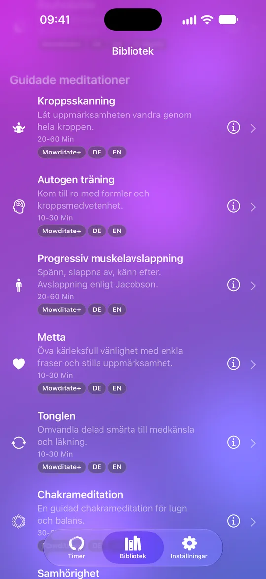 Mowditate+-biblioteket med guidade meditationer och avslappningsövningar