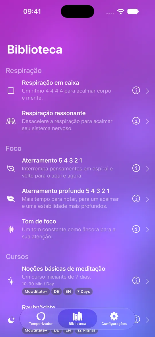 Biblioteca do Mowditate com exercícios de respiração, aterramento e cursos