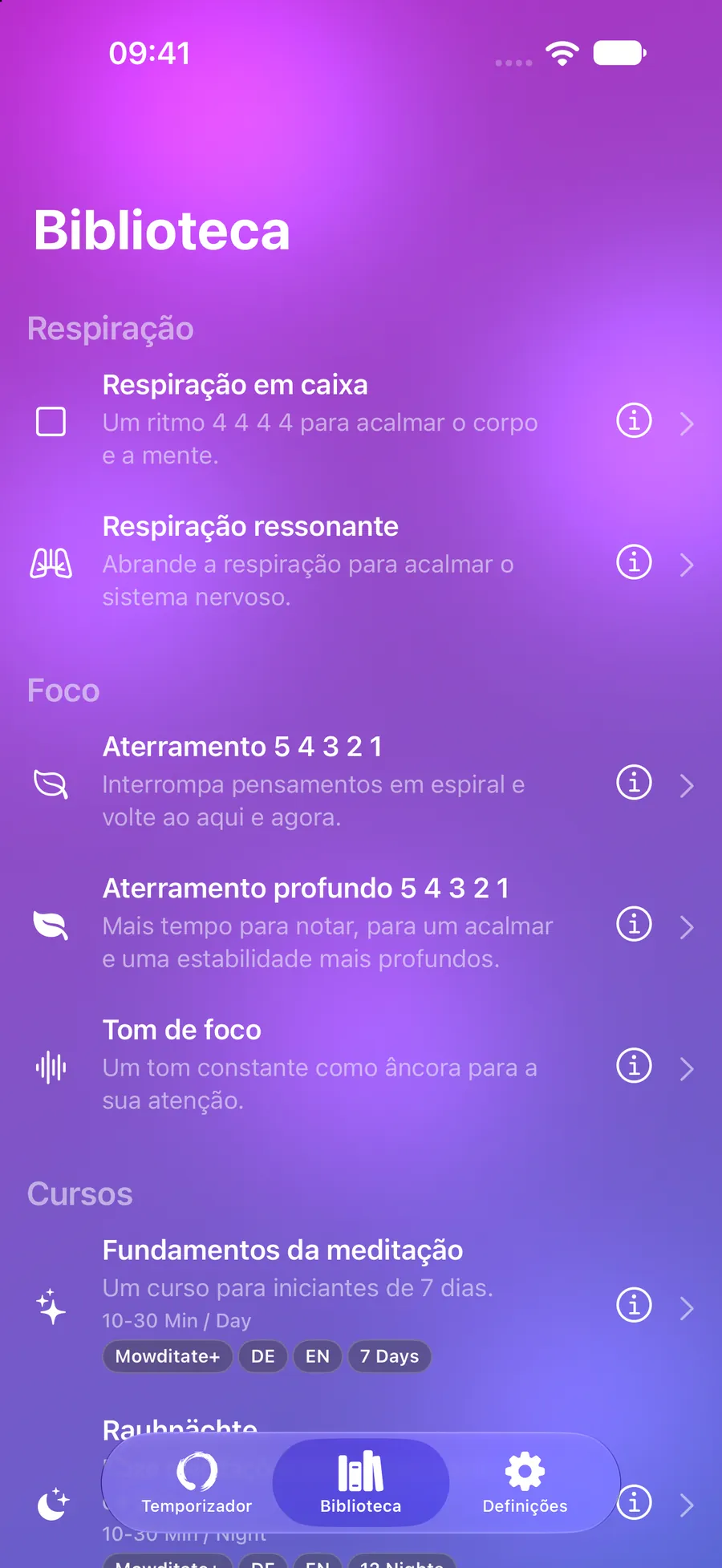 Biblioteca de Mowditate com exercícios de respiração, aterramento e cursos