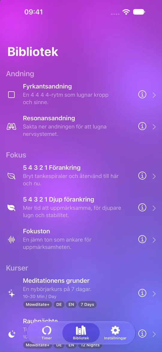 Mowditates bibliotek med andningsövningar, förankring och kurser