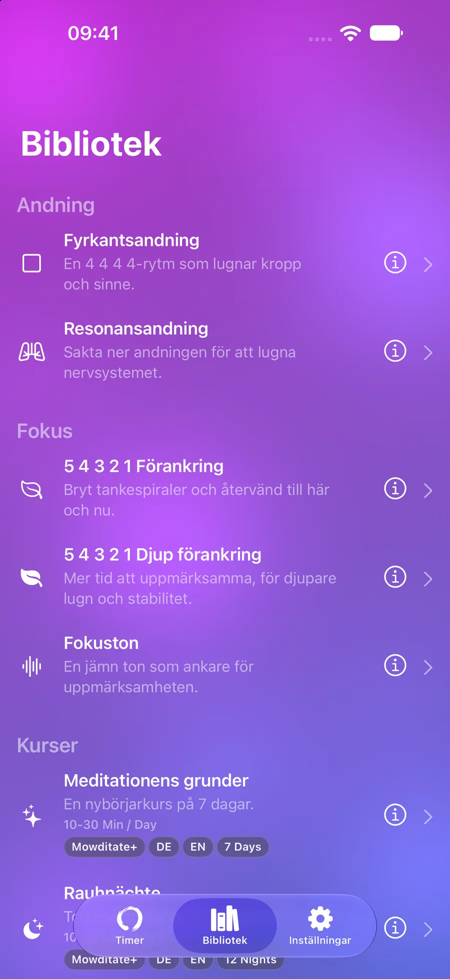 Mowditates bibliotek med andningsövningar, förankring och kurser