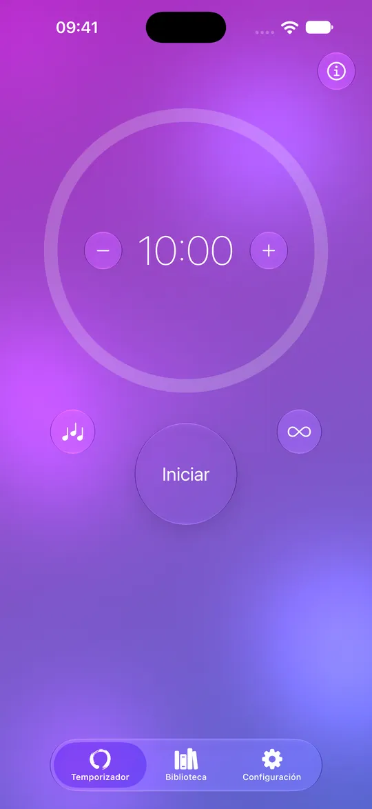 Temporizador de meditación de Mowditate configurado para diez minutos con botón Iniciar