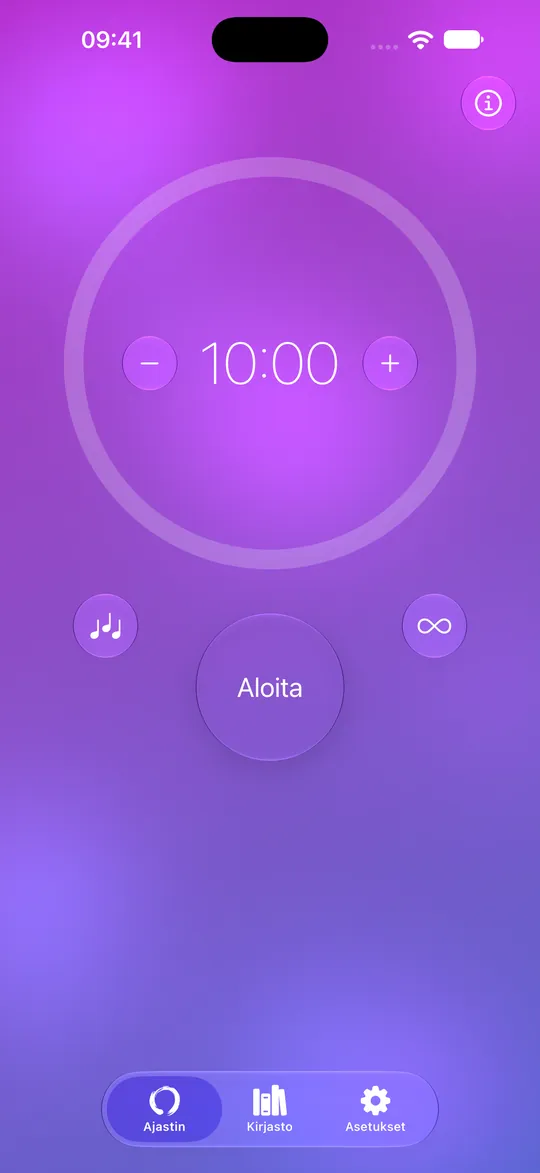 Mowditaten meditaatioajastin asetettuna kymmeneen minuuttiin ja Aloita-painike