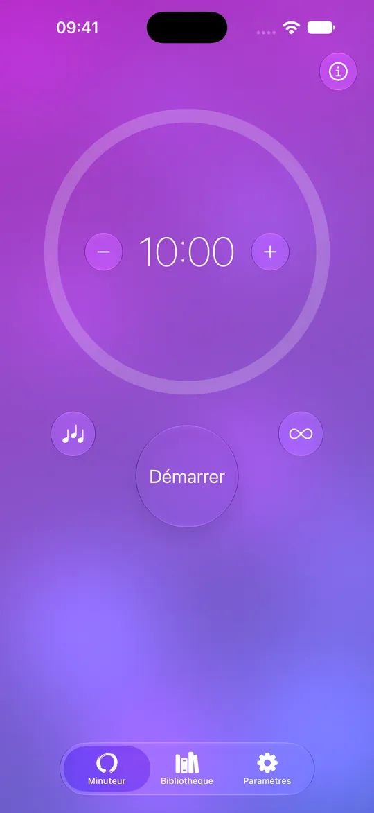Minuteur de méditation Mowditate réglé sur dix minutes avec bouton Démarrer