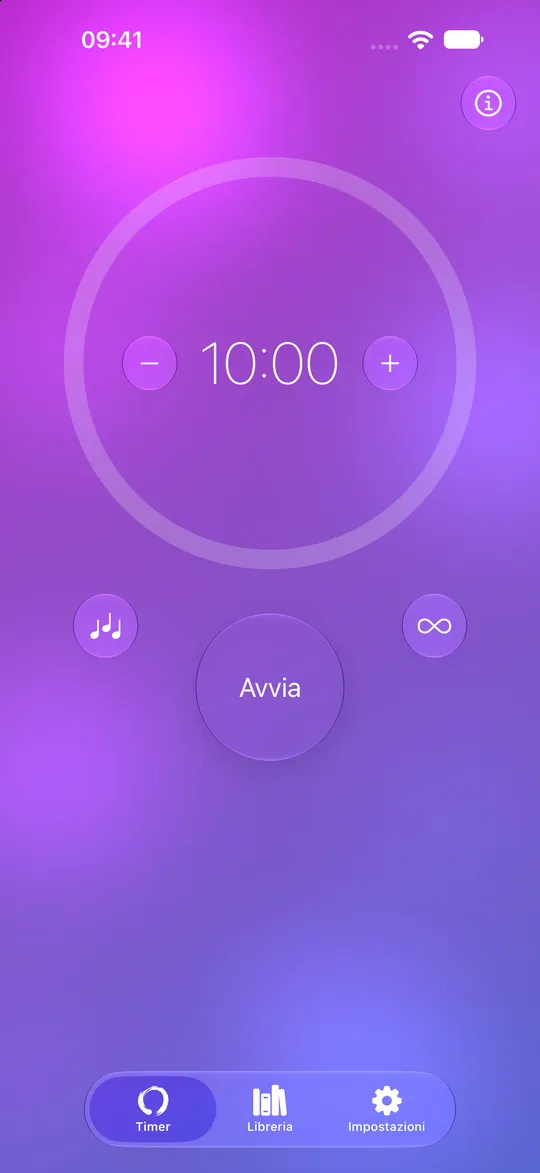 Timer di meditazione Mowditate impostato su dieci minuti con pulsante Avvia