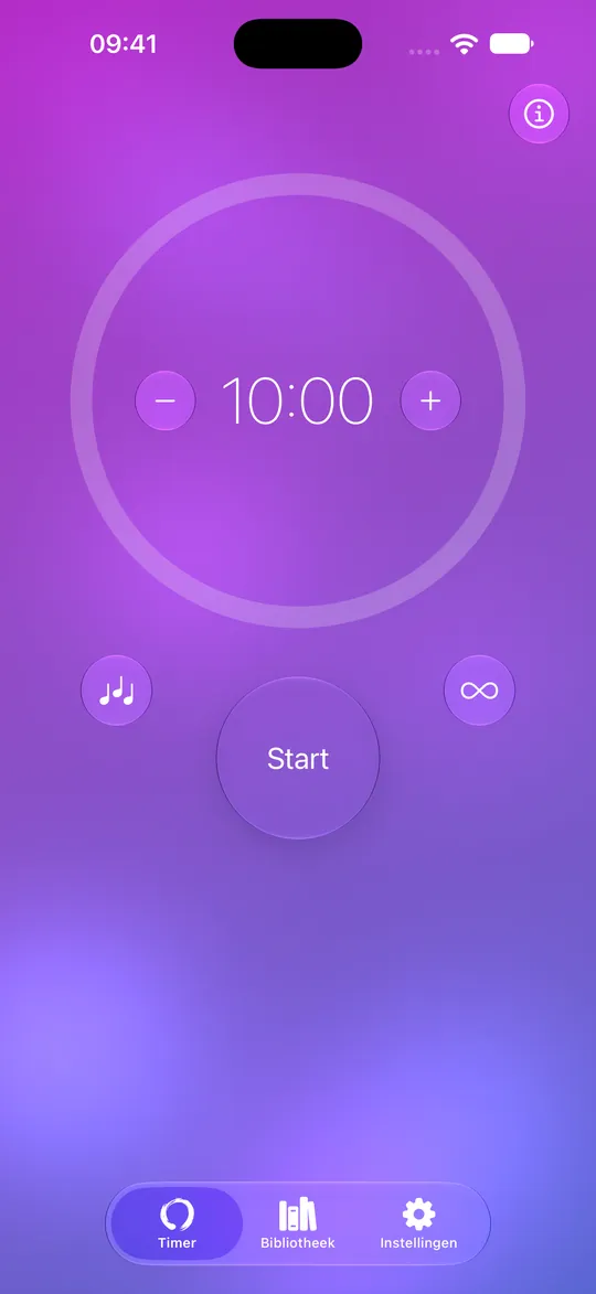 Mowditate-meditatietimer ingesteld op tien minuten met een startknop