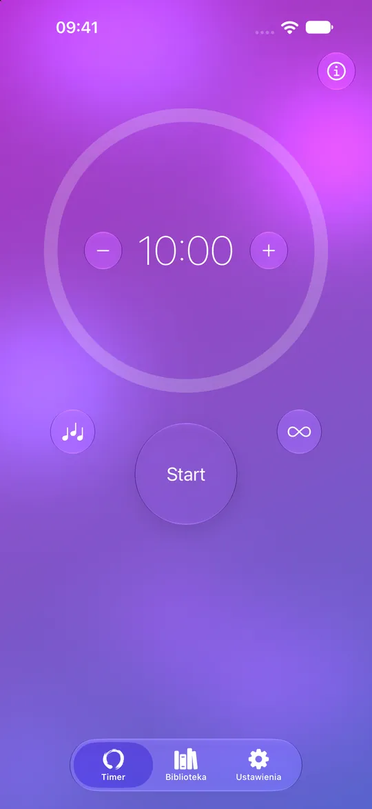 Timer medytacji Mowditate ustawiony na dziesięć minut z przyciskiem Start